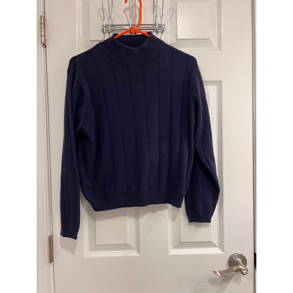 PRESWICK‎ & MOORE Navy Blue Mock Neck Ribbed Knit Sweater